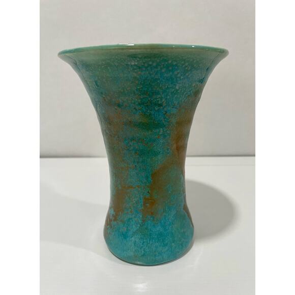Pisgah Forest Pottery 1950's Trumpet 6.75" Tall Turquoise Gold Vase with Pink - Picture 3 of 14
